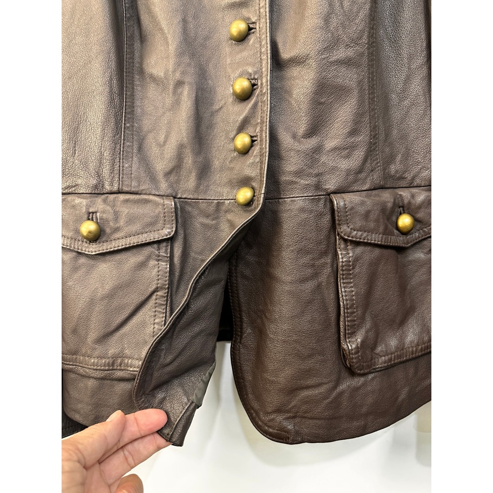 Cami Brown Leather Blazer Jacket 16 Puff Sleeve Brass Buttons Steampunk - Picture 4 of 11